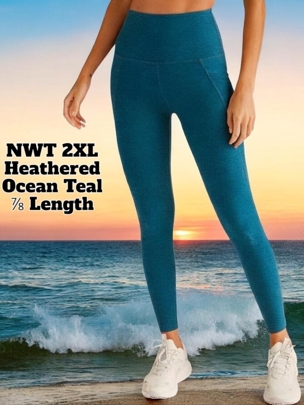 NWT 2XL Heathered Ocean Teal 7/8 Length Leggings w 2 Side Pockets